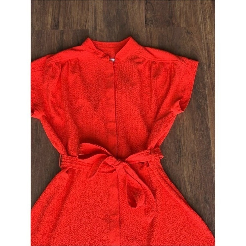 Autumn Wedding Guest Dress Red Crepe Belted Midi Mock Neck 4 Calvin Klein Classy